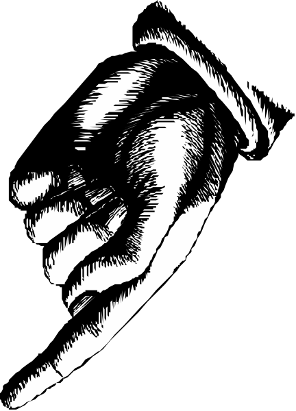 The black and white illustration shows a hand holding an object that resembles a microphone with its fingers wrapped around it from behind.