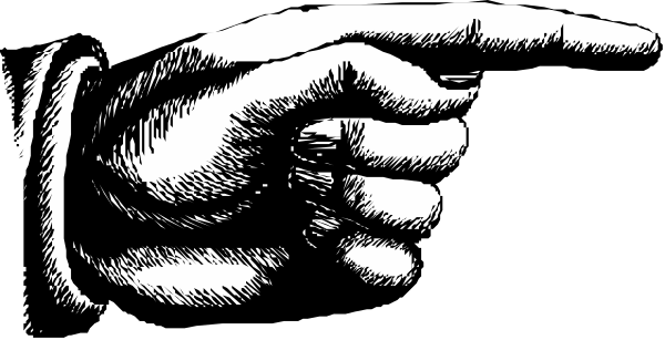 The black and white illustration shows a hand pointing to something with an index finger extended upwards against a plain background.