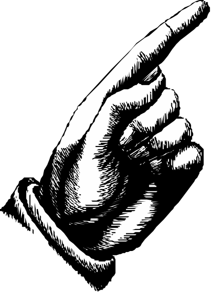 The black and white illustration shows a hand pointing upwards with an open palm facing towards it.