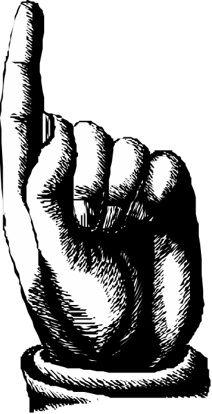 The black and white illustration shows a hand with an index finger pointing upwards against a dark background.