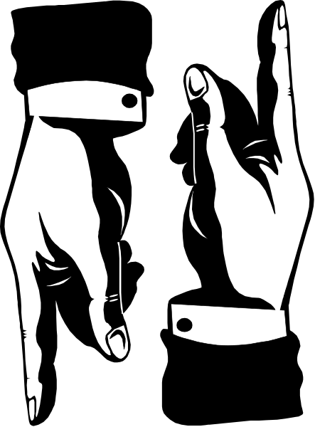 The black and white silhouette of a hand holding up two fingers with an "OK" gesture on it.