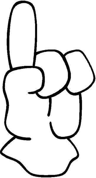 The black and white image shows a hand with an index finger pointing upwards against a striped background that alternates between gray and brown shades.