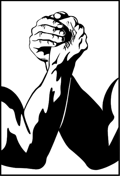 The black and white illustration shows a person's fist raised high with their thumb sticking out as if making an obscene gesture; in front of this figure is another hand holding up two fingers to represent peace, but it appears distorted by some sort of force or energy emanating from the first.