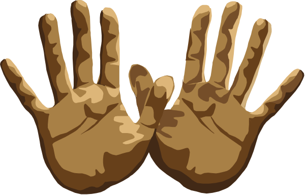 The image shows a pair of hands with palm prints on them against a plain background.