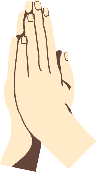The image shows a pair of hands folded together with fingers touching each other at their tips, forming what appears to be an iconic gesture for prayer or blessing; above these hands is another hand holding up two index fingers in front of them as if making a sign that could represent peace or victory.