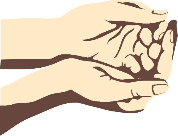 The black and white illustration shows a hand holding another person's hands together with fingers interlocked over what appears to be an open book on top of them.
