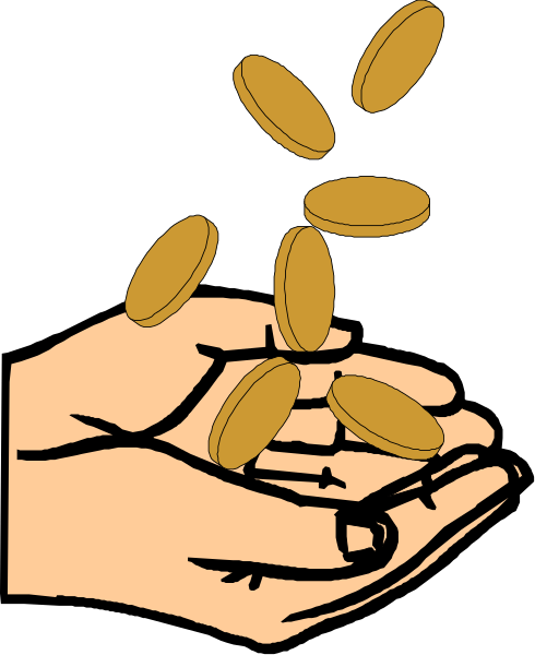 The illustration shows a hand holding several coins that appear to be falling from it into an open palm below.