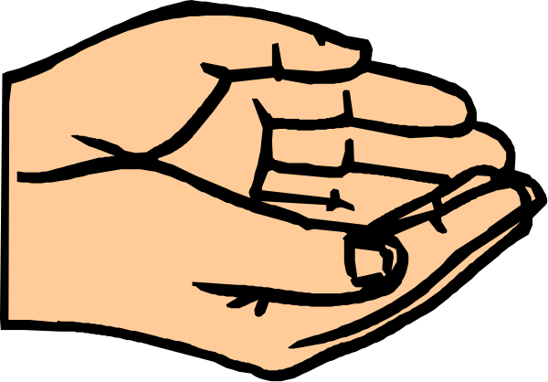The black and white illustration shows a hand holding an object with four fingers extended upwards while resting on its palm; there is no text present in this image.