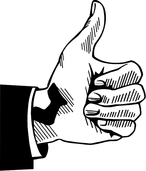 The black and white thumb up emoji with a hand giving it a thumbs up gesture is shown against an unidentified background in this small clip-art image.