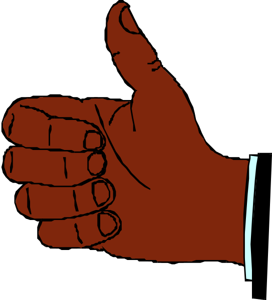 The thumb of a hand giving thumbs up with an index finger pointing downwards is shown against black background.