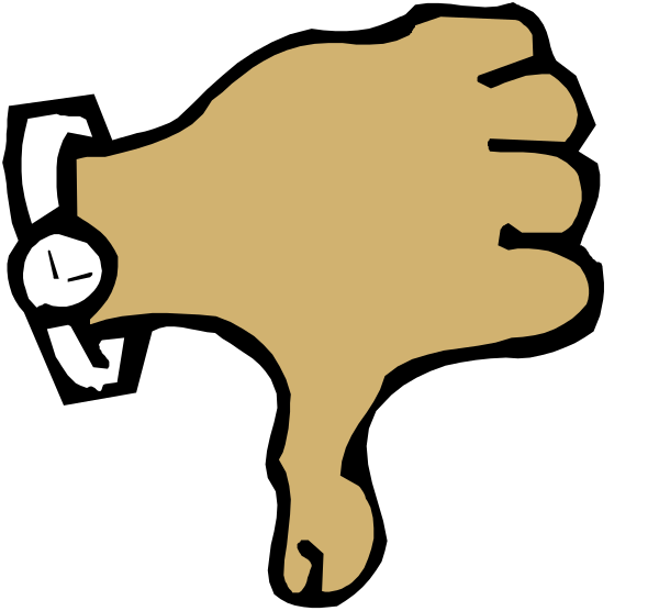 The image shows a cartoon of an animated hand giving a thumbs down sign with another thumb pointing upwards next to it in front of what appears to be a clock face on its side.