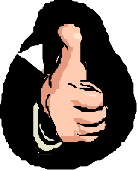 The thumb of a hand giving thumbs up with an animated character's face superimposed over it against a black background.