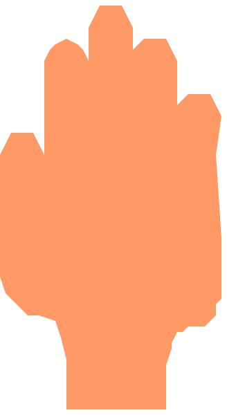 The image shows a pixelated depiction of an orange hand with fingers extended outward against a dark background.