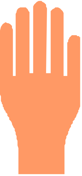 The image shows a hand with an orange glove on it holding up two fingers against a gray background.
