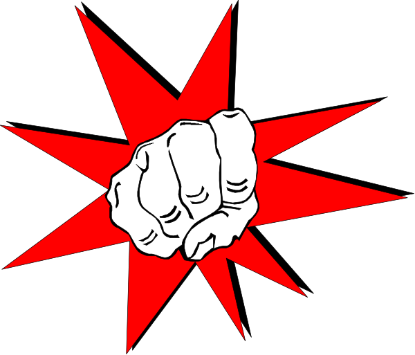The image shows a black background with an explosion graphic on it featuring red lines radiating outward from what appears to be a fist in motion.