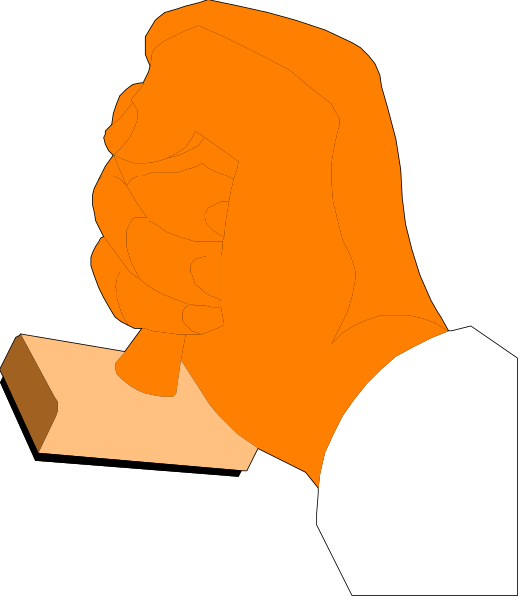 The image shows a hand holding an orange object with two fingers on top of it against a black background.
