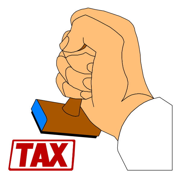 The image shows a hand holding an object with "TAX" written on it next to another similar item labeled "Tax."
