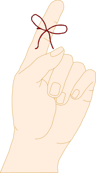 The image shows a hand with an index finger pointing upwards towards a red ribbon tied around it.