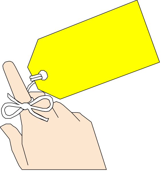The image shows a hand holding an object with a yellow tag attached to it using a white string tied into a bow on top of another similar item that has been removed from its packaging by someone's finger pressing down, indicating removal in progress; there is no text or additional context provided within the frame.