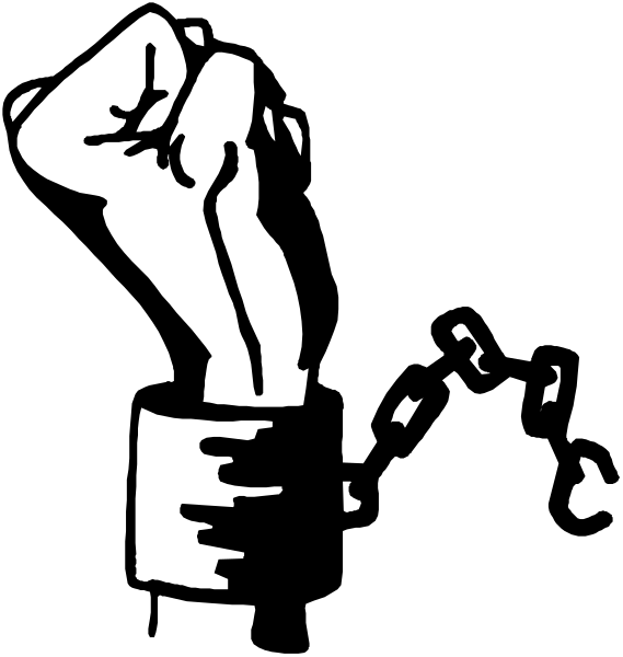 The black and white silhouette of a fist raised above another hand holding what appears to be an object with two handles on either side.