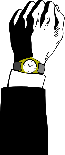 The image shows a hand holding an analog clock with its face obscured by black squares against a gray background.