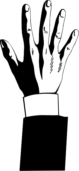 The black and white silhouette of a hand with fingers spread out against a dark background.