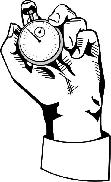 The black and white illustration shows a hand holding an analog clock with its face visible against a dark background; there is no text present in this image.