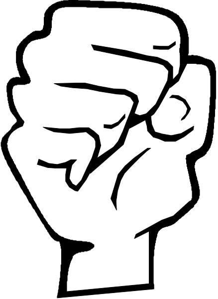 The black and white silhouette of a fist raised upwards with fingers curled into it against a plain background.