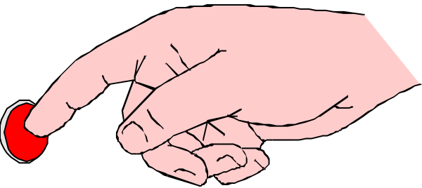 The image shows a hand with two fingers pointing upwards towards an object that resembles a red button on top of what appears to be another finger resting downward in front of it all against a plain background, suggesting no specific setting is depicted within this small clip-art style illustration.