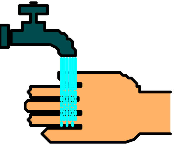 The image shows a pixelated hand holding an object that resembles soap with blue liquid pouring out of it into another container below, all set against a black background.
