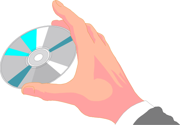 The image shows a hand holding two CDs with blue labels against a black background; there is no text present within this small clip-art illustration.