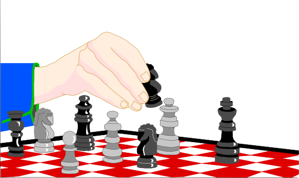 The image shows a person playing chess with black pieces against white ones on a checkered board.