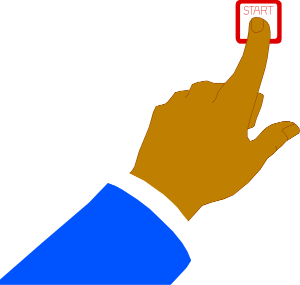 The image shows a hand pressing an illuminated start button on a remote control with "START" written across it against a black background.