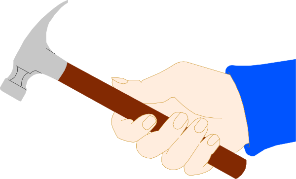 The image shows a hand holding two hammers with different heads: on top is an axe head hammer, while below it appears to be a claw-like tool; both tools have wooden handles.