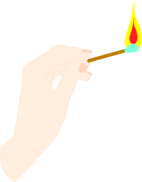 The image shows a hand holding an unlit match with a lit wick next to it against a dark background; there is no text present in this clip-art illustration.
