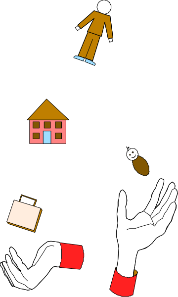 The image shows a black background with various colorful elements: there's an animated character that appears to be floating above another figure; below them is what looks like a house in red on top of blue water, and next to it is a small boat carrying two people who seem to have fallen out. There are also three objects at the bottom left corner resembling hands holding items: one hand holds an umbrella with raindrops falling from its canopy; another has what appears to be a brown purse or bag, and there's a third that seems like it could contain