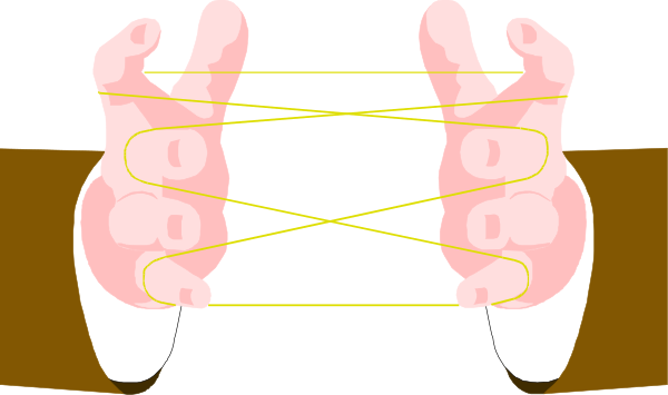 The image shows a pair of hands tied together with yellow string against an indistinct background that appears to be dark gray in color.