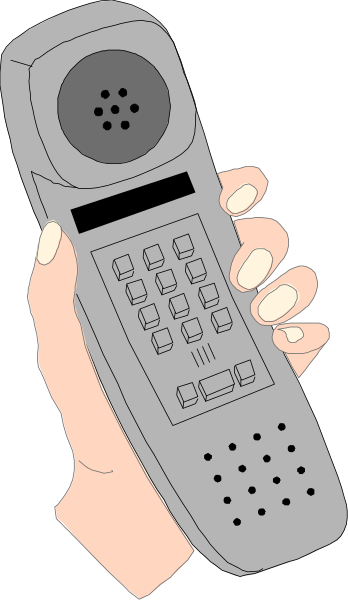 The image shows a hand holding an old pushbutton phone with buttons on it against a dark background.