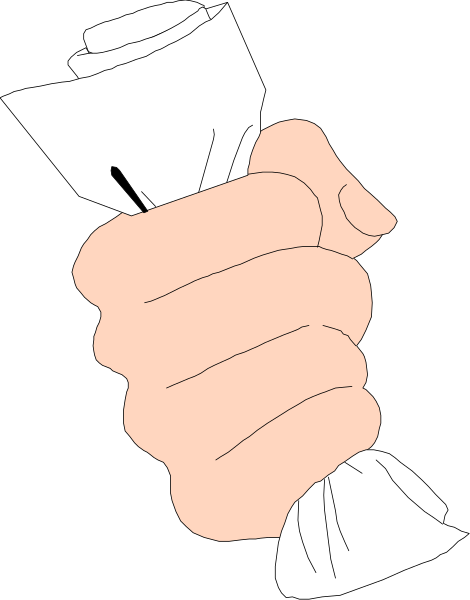 The image shows a hand holding an object that resembles paper with some writing on it; there is no text present in this description of what's shown within the clip-art image itself.