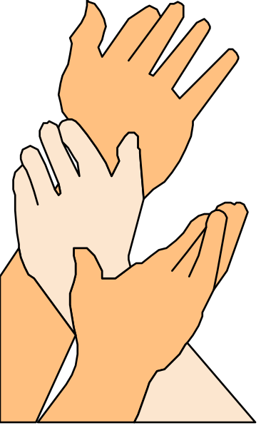 The image shows a group of hands clasped together with fingers interlocked at their tips against an indistinct background.