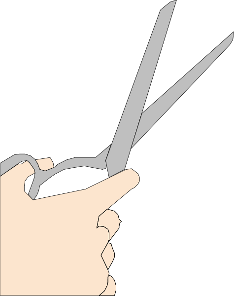 The image shows a pair of scissors with open blades held by an unseen hand against a black background.