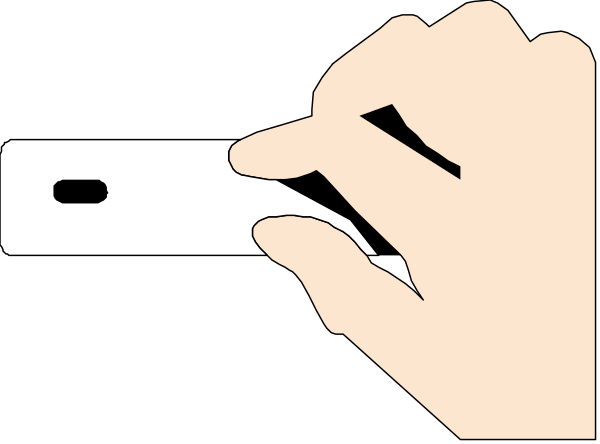 The image shows a hand holding an object that resembles a remote control with buttons on it against a black background; there is no text present in this clip-art illustration.