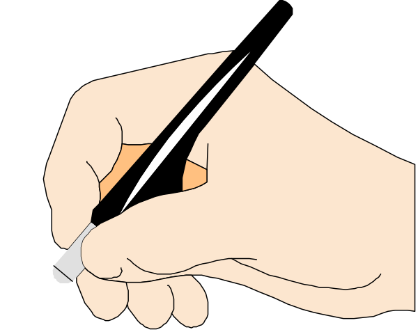 The image shows a hand holding an orange pen over paper with black ink writing on it.