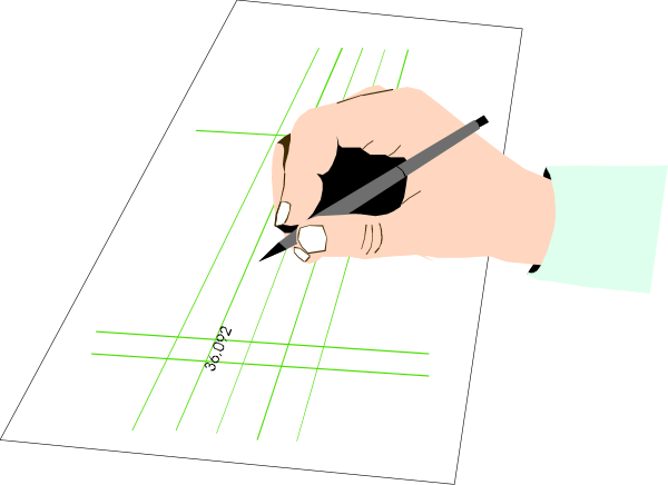 The image shows a hand holding a pen over paper with grid lines on it; there is no text present within this small clip-art illustration.