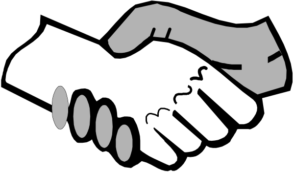 The black and white illustration shows two hands shaking over a peace sign with an olive branch on top of it.