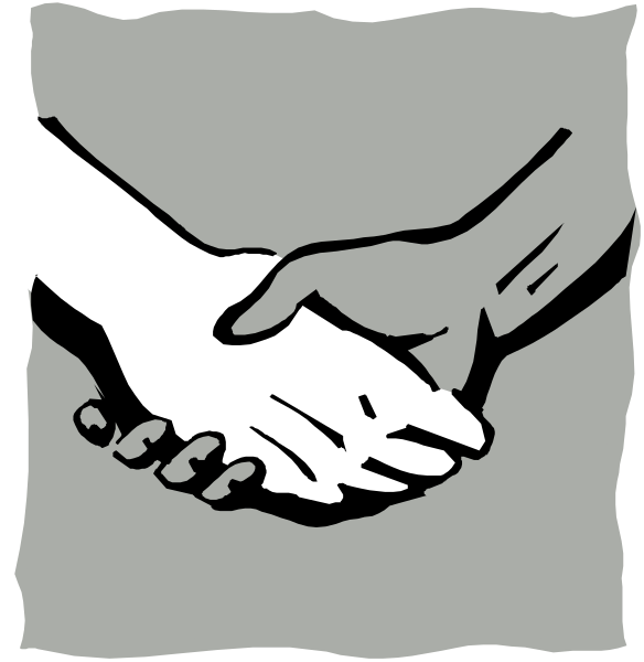 The black and white illustration shows two hands clasped together with a background that appears to be made of stone bricks in shades of gray.