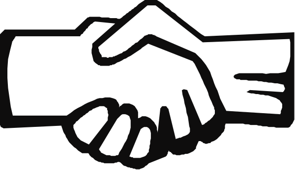 The black and white illustration shows two hands shaking over a diploma with text that reads "Congratulations."