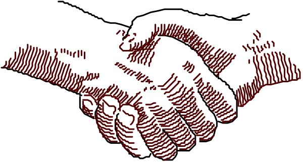 The image shows a pixelated handshake between two hands with red outlines against a black background.