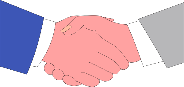 The image shows two hands shaking over a table with blue tiles on it; there is no text present within this small clip-art illustration.