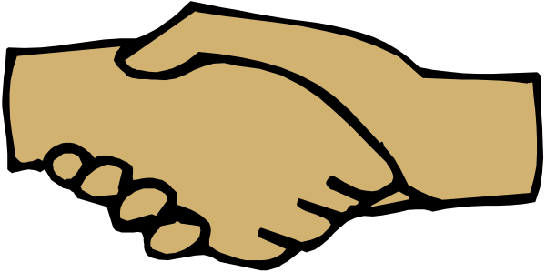 The black and white silhouette of two hands shaking over a handshake symbol on what appears to be an envelope with stamps around it.